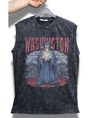 Washington Yazılı Yıkamalı Kolsuz Tişört, Unisex Basketbol Temalı Sıfır Kollu Vintage Atlet