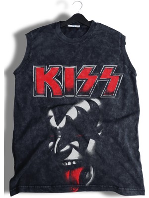 Kiss Baskılı Yıkamalı Kolsuz Tişört, Unisex Rock Band Temalı Sıfır Kol Vintage Atlet