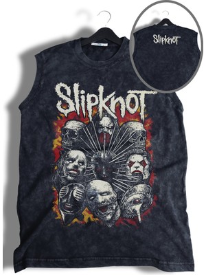 Slipknot Skull Ense Baskılı Yıkamalı Kolsuz Tişört, Unisex Rock Band Temalı Sıfır Kol Retro Atlet