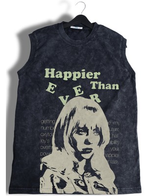 Happier Than Ever Yazılı Yıkamalı Kolsuz Tişört, Unisex Billie Eilish Baskılı Sıfır Kollu Atlet