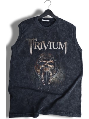 Trivium Skull Baskılı Yıkamalı Kolsuz Tişört, Unisex Rock Band Temalı Sıfır Kollu Retro Atlet