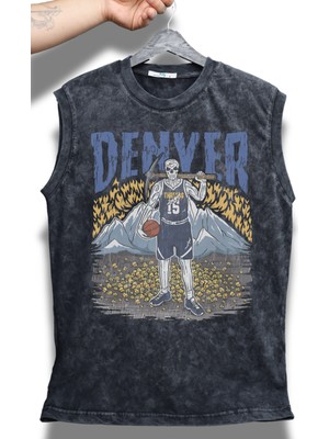 Denver Yazılı Yıkamalı Kolsuz Tişört, Unisex Basketbol Temalı Sıfır Kollu Eskitme Atlet