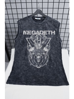 Megadeth Yazılı Yıkamalı Kolsuz Tişört, Unisex Rock Band Temalı Sıfır Kollu Eskitme Atlet