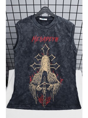 Megadeth Baskılı Yıkamalı Kolsuz Tişört, Unisex Rock Band Temalı Vintage Sıfır Kollu Atlet