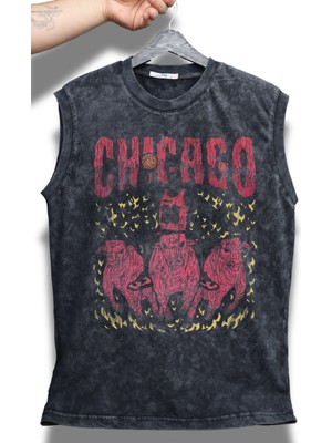 Chicago Yazılı Yıkamalı Kolsuz Tişört, Unisex Basketbol Temalı Sıfır Kollu Retro Atlet