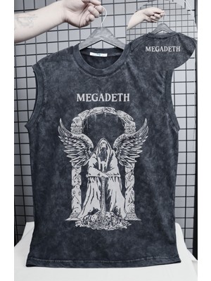 Megadeth Melek Baskılı Yıkamalı Kolsuz Tişört, Unisex Rock Band Temalı Sıfır Kollu Retro Atlet