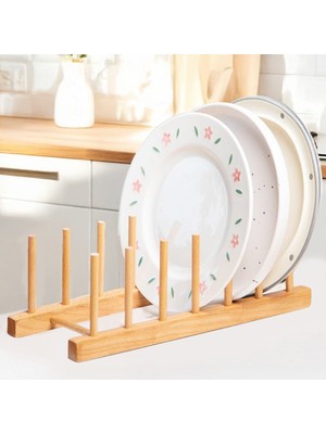 6 Bölmeli Bambu Tabak Standı - Bambu Tabaklık Bulaşıklık Mutfak Organizer Dekoratif Düzenleyici