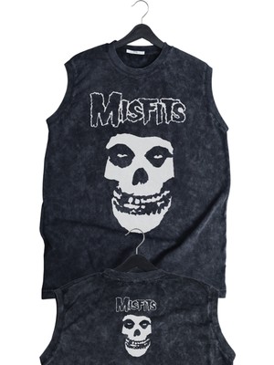 Misfits Ense Baskılı Yıkamalı Kolsuz Tişört, Unisex Rock Band Temalı Sıfır Kol Retro Atlet