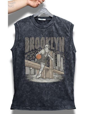 Brooklyn Yazılı Yıkamalı Kolsuz Tişört, Unisex Basketbol Temalı Sıfır Kollu Vintage Atlet