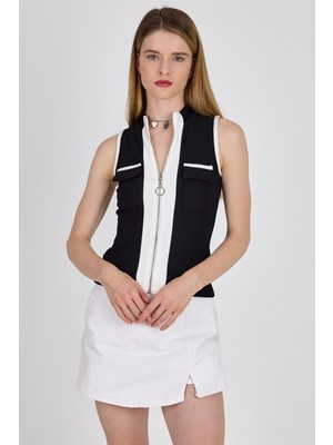 Siyah Fermuarlı Örme Bluz 1449