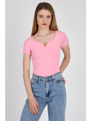 Pembe Gold Aksesuar Detaylı Viskoz/yumuşak Kumaş Tişört 1460