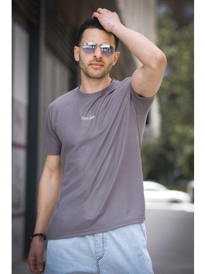 Pure Slim Fit Waffle Kumaş Bisiklet Yaka Baskılı Erkek Tshirt