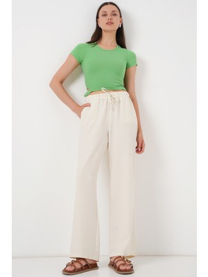 Kadın Geniş Paça Keten Pantolon 6735 - Ekru