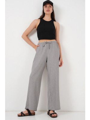 Kadın Geniş Paça Keten Pantolon 6735 - Gri