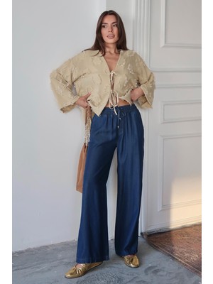 Beli Bağcıklı Rahat Kesim Liyosel Pantolon Koyu Mavi 7585