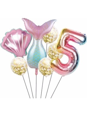 Papatya Party Deniz Kızı 5 Yaş Folyo Rakam Konfetili Balon Seti