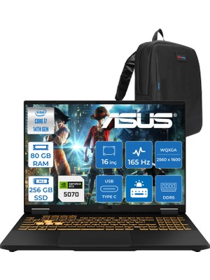 Asus Tuf Gaming F16 FX608JPR 14. Nesil Intel I7-14650HX 80GB Ddr5 256GB SSD 8GB/RTX5070 115W 165Hz 16"wqxga 2.5k 400NITS IPS Freedos Gaming Bilg. WQT070F21+ZETTAÇANTA
