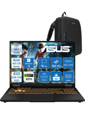 Asus Tuf Gaming F16 FX608JPR 14. Nesil Intel I7-14650HX 48GB Ddr5 256GB SSD 8GB/RTX5070 115W 165Hz 16"wqxga 2.5k 400NITS IPS Windows 11 Home Gaming Bilg. WQT070H11+ZETTAÇANTA