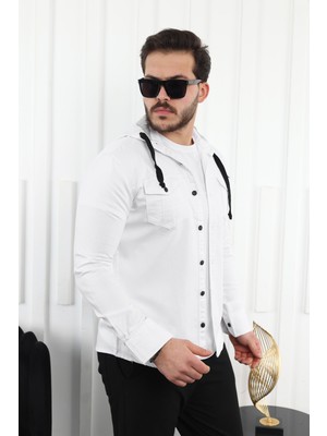 Erkek Slim Fit Dar Kalıp Kapüşonlu Kot Gömlek