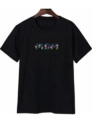 Defy Moda Anneler Gününe Özel Tasarım Mom Çiçek Baskılı T-Shirt - Siyah