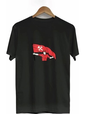 Defy Moda 1 Mayıs Emekçilerimiz Için Özel Tasarım Bayraklı Emekçi Baskılı T-Shirt - Siyah