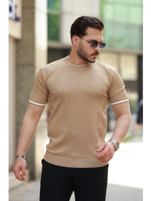 Defy Moda Erkek Bisiklet Yaka Çizgi Desenli Ribanalı Kısa Kollu Tshirt