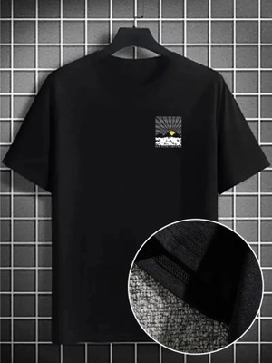 Defy Moda Erkek Dağ Grafikli Tişört, Yaz Için Büyük Beden Rahat T-Shirt - Siyah
