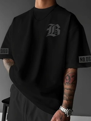 Defy Moda Baskılı Oversize Bisiklet Yaka T-Shirt - Siyah