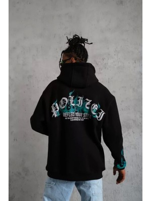 Defy Moda Erkek Üç Iplik Içi Pamuklu Alev Baskılı Kapüşonlu Sweatshirt - Siyah