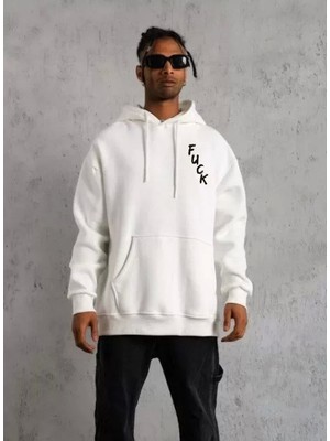 Defy Moda Unisex Kapşonlu Uzun Kol Baskılı Sweetshirt - Beyaz