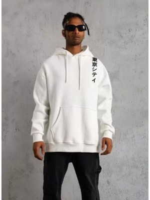 Defy Moda Unisex Kapşonlu Uzun Kol Baskılı Sweetshirt - Beyaz