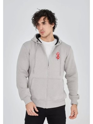 Unisex Baskılı Tam Fermuarlı Kapşonlu Sweatshirt - Boyalı Gri