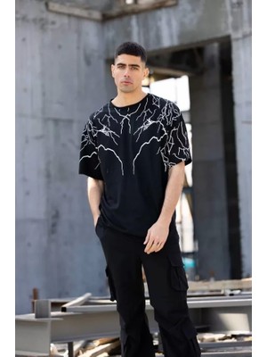 Defy Moda Unisex Bisiklet Yaka Baskılı Oversize T-Shirt - Siyah