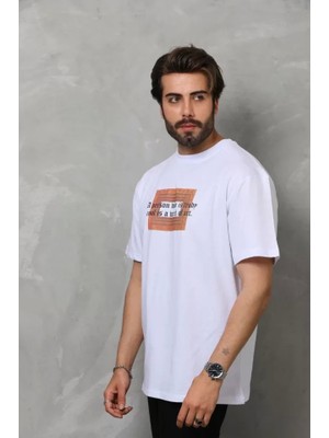 Defy Moda Unisex Bisiklet Yaka Baskılı Oversize T-Shirt - Beyaz