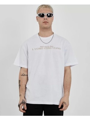 Defy Moda Unisex Bisiklet Yaka Baskılı Oversize T-Shirt - Beyaz