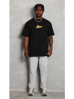 Defy Moda Unisex Bisiklet Yaka Baskılı Oversize T-Shirt - Siyah