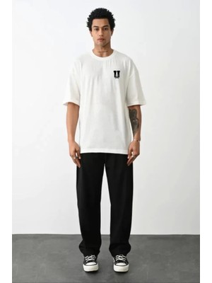 Defy Moda Unisex Bisiklet Yaka Baskılı Oversize T-Shirt - Beyaz