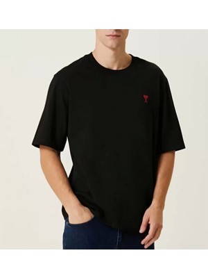 Defy Moda Unisex Bisiklet Yaka Baskılı Oversize T-Shirt - Siyah