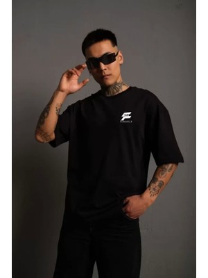 Defy Moda Unisex Bisiklet Yaka Baskılı Oversize T-Shirt - Siyah