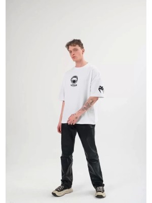 Defy Moda Unisex Bisiklet Yaka Baskılı Oversize T-Shirt - Beyaz