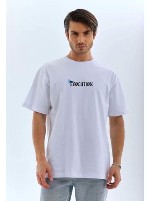 Defy Moda Unisex Bisiklet Yaka Baskılı Oversize T-Shirt - Beyaz