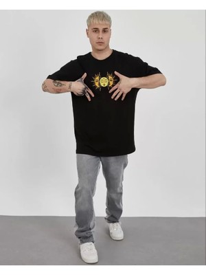 Defy Moda Unisex Bisiklet Yaka Baskılı Oversize T-Shirt - Siyah