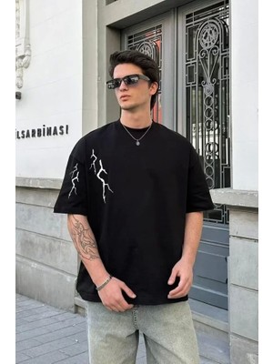 Defy Moda Unisex Bisiklet Yaka Baskılı Oversize T-Shirt - Siyah