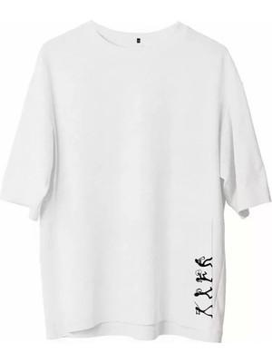 Defy Moda Unisex Bisiklet Yaka Baskılı Oversize T-Shirt - Beyaz