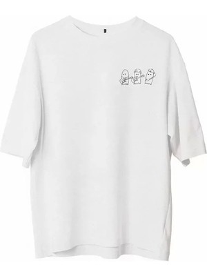 Defy Moda Unisex Bisiklet Yaka Baskılı Oversize T-Shirt - Beyaz