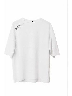 Defy Moda Unisex Bisiklet Yaka Baskılı Oversize T-Shirt - Beyaz