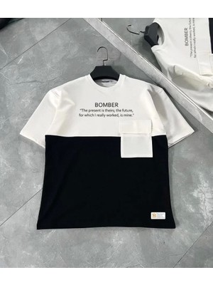 Defy Moda Unisex Torba Cep Detaylı  Parçalı T-Shirt - Siyah