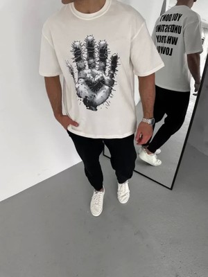 Defy Moda Unisex Bisiklet Yaka Baskılı Oversize T-Shirt - Beyaz