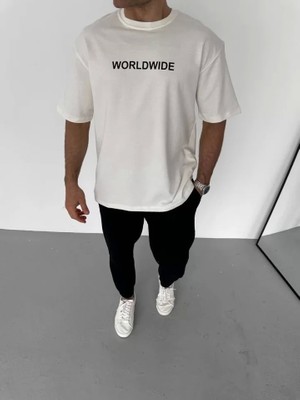 Defy Moda Unisex Bisiklet Yaka Baskılı Oversize T-Shirt - Beyaz