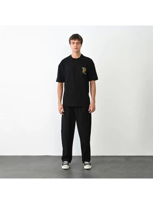 Defy Moda Unisex Bisiklet Yaka Baskılı Oversize T-Shirt - Siyah